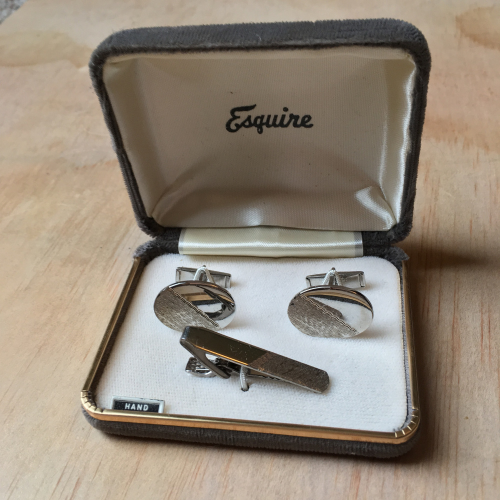 MCM Silver Tone Cufflink & Tie Bar Set Vintage